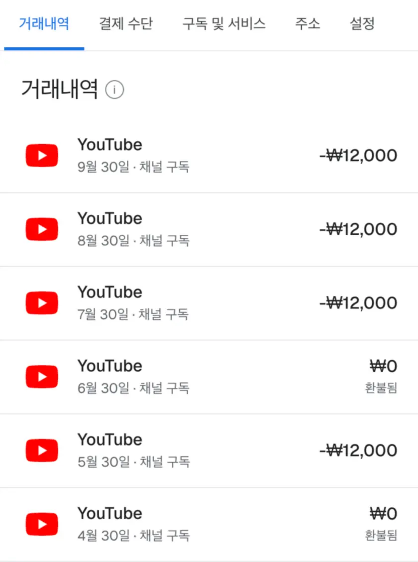 유튜브 채널 구독 거래내역